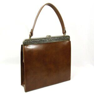 Vintage Faux Leather Metal Swirl Top Handle Handbag Pocketbook Purse Kelly Bag
